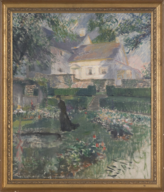 Attributed to Violet Oakley (American, 1874-1961), oil on canvas courtyard scene, labeled verso ‘Violet Oakley Garden of Cogslea Small figure of Mrs. Oakley,' 30 x 25 inches. Image courtesy Pook & Pook Inc.
